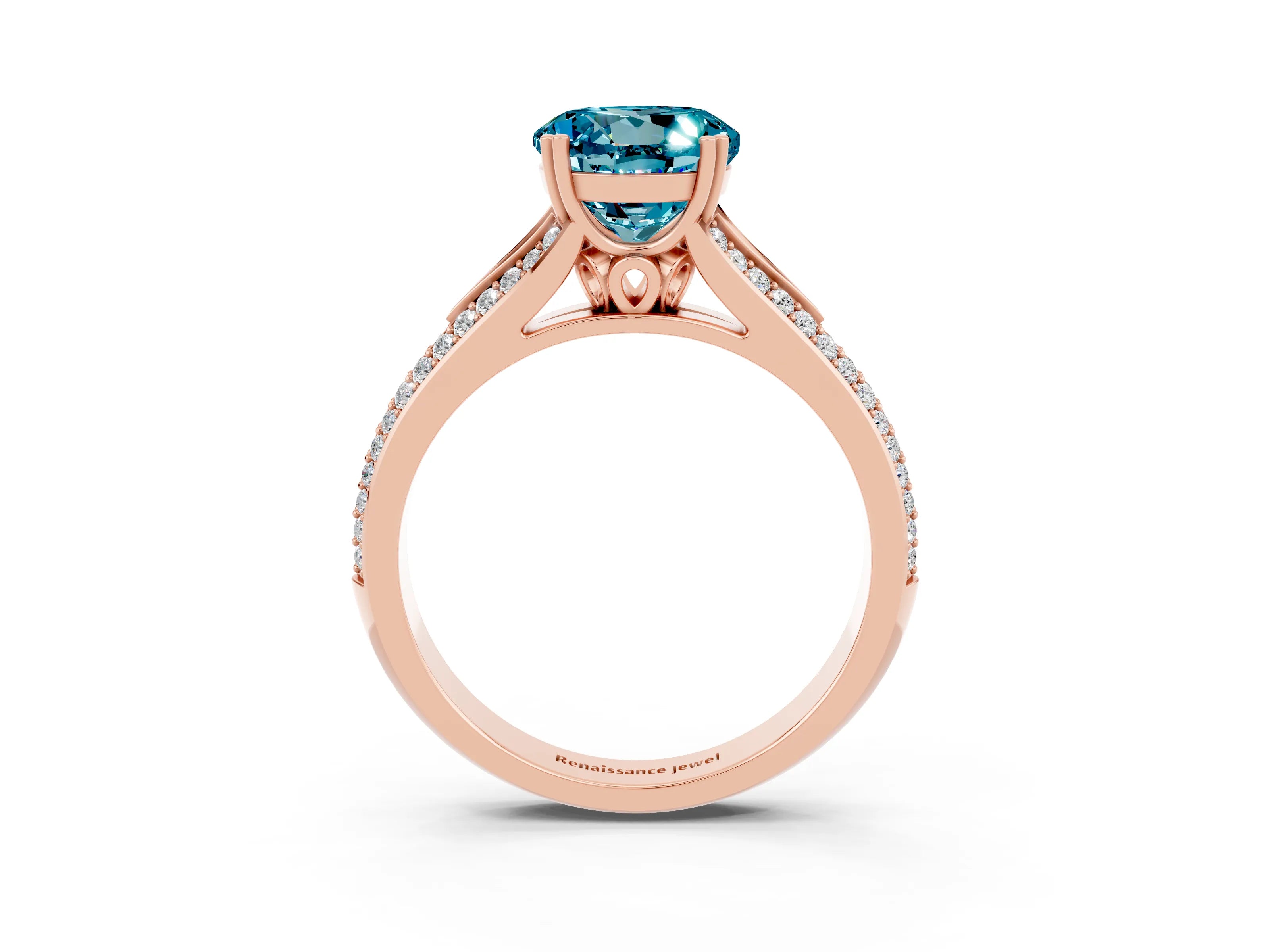 Rose gold Round Cut Blue Topaz Split Shank Engagement Ring with Pavé Band_3