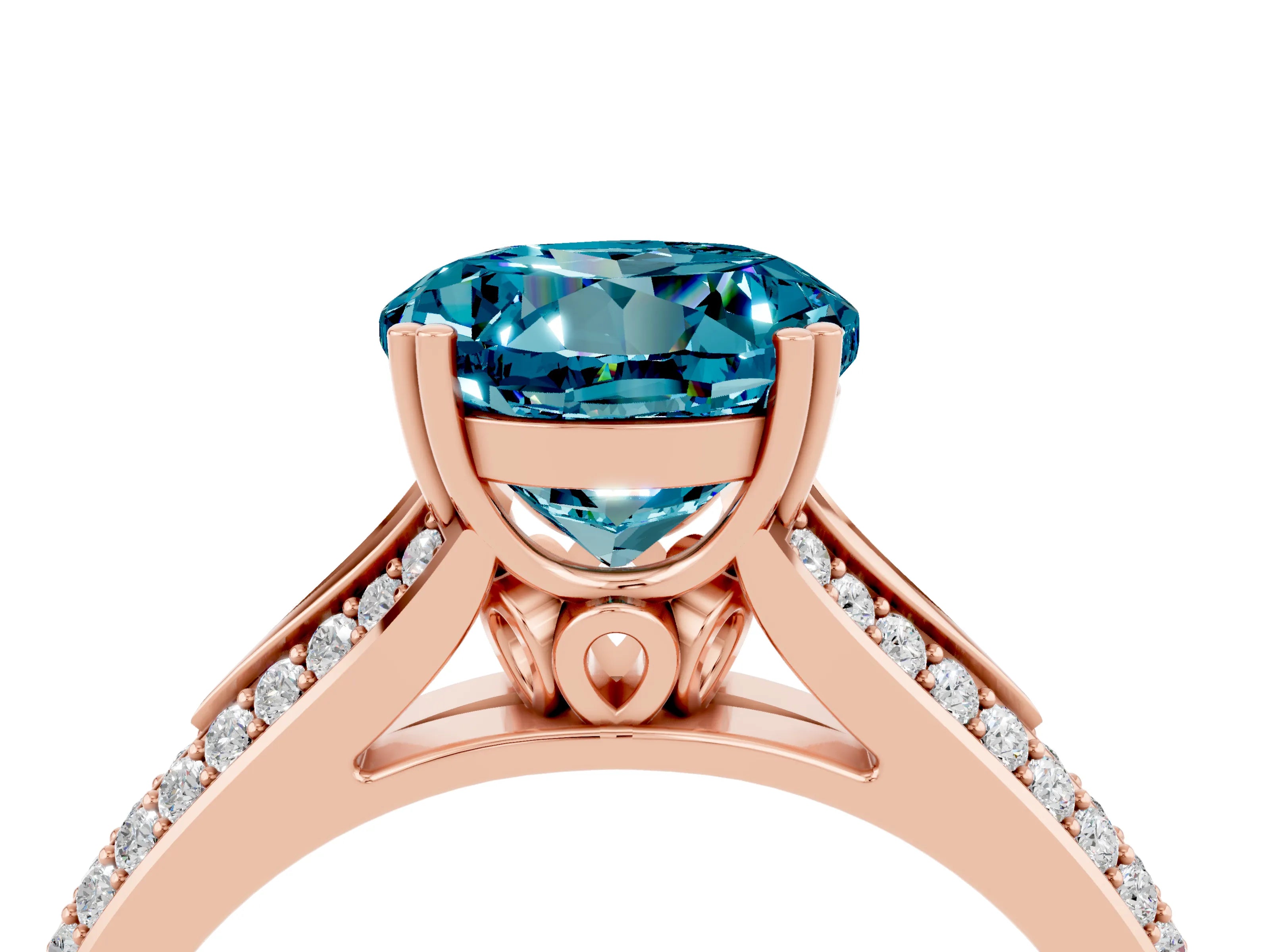 Rose gold Round Cut Blue Topaz Split Shank Engagement Ring with Pavé Band_4