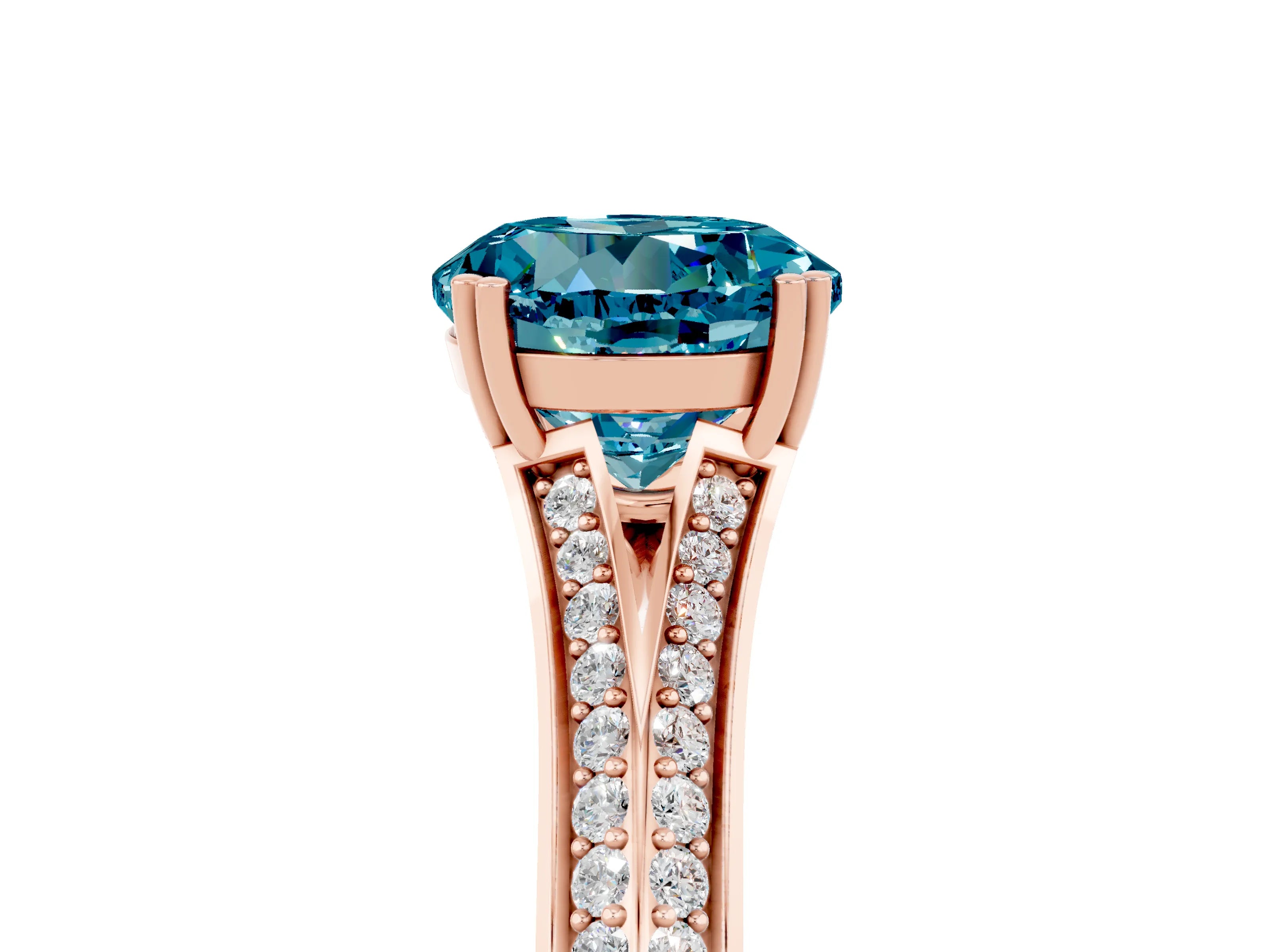 Rose gold Round Cut Blue Topaz Split Shank Engagement Ring with Pavé Band_5