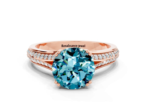 Rose gold Round Cut Blue Topaz Split Shank Engagement Ring with Pavé Band