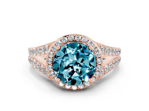 Rose gold Round Cut Blue Topaz Split Shank Halo Ring with Four-Prong Setting_12