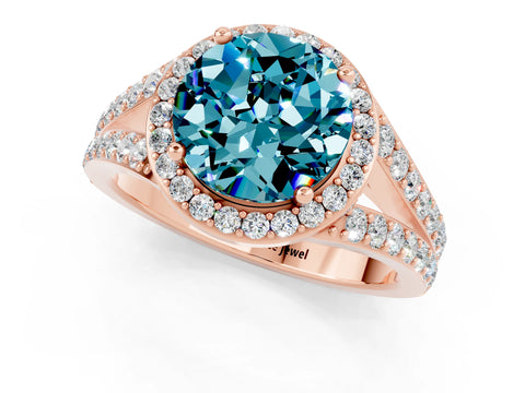Rose gold Round Cut Blue Topaz Split Shank Halo Ring with Four-Prong Setting_13