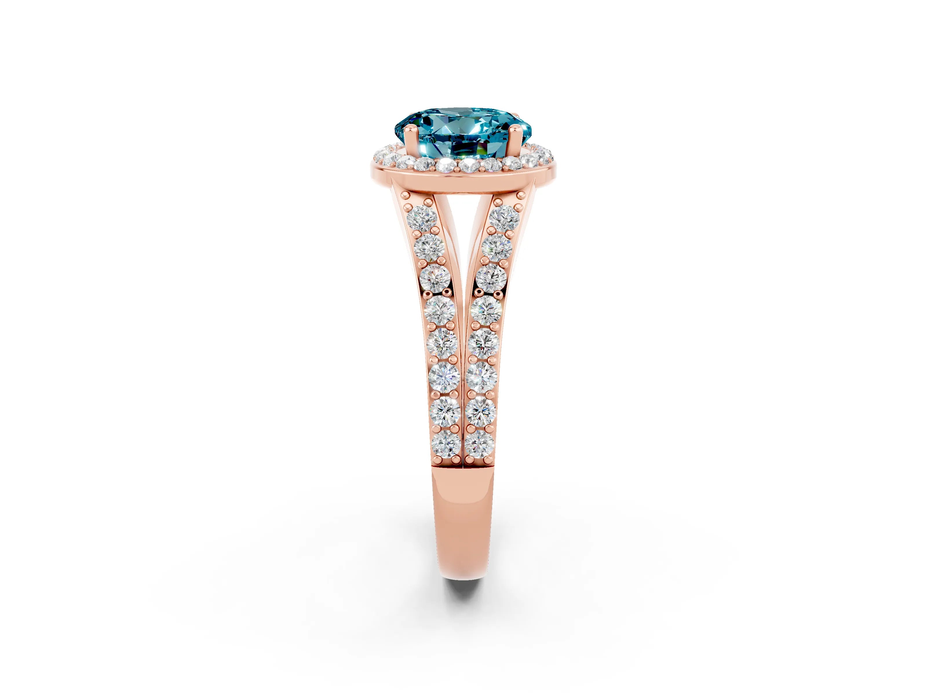 Rose gold Round Cut Blue Topaz Split Shank Halo Ring with Four-Prong Setting_14