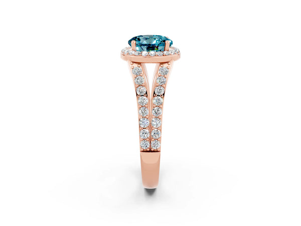 Rose gold Round Cut Blue Topaz Split Shank Halo Ring with Four-Prong Setting