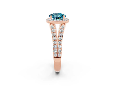Rose gold Round Cut Blue Topaz Split Shank Halo Ring with Four-Prong Setting_14