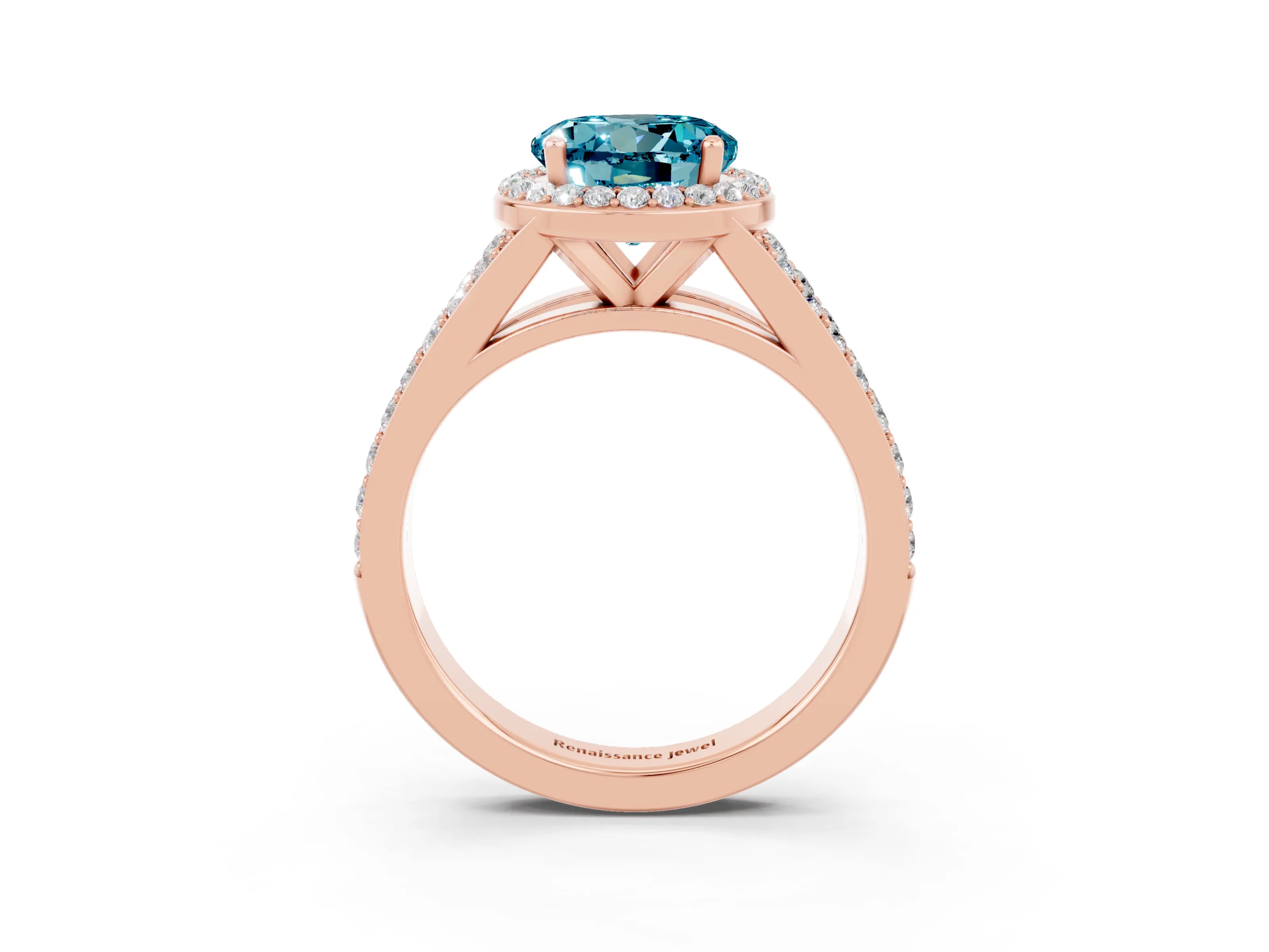 Rose gold Round Cut Blue Topaz Split Shank Halo Ring with Four-Prong Setting_15