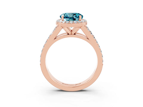 Rose gold Round Cut Blue Topaz Split Shank Halo Ring with Four-Prong Setting_15