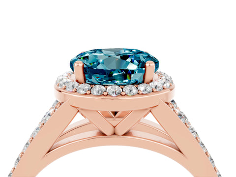 Rose gold Round Cut Blue Topaz Split Shank Halo Ring with Four-Prong Setting_16