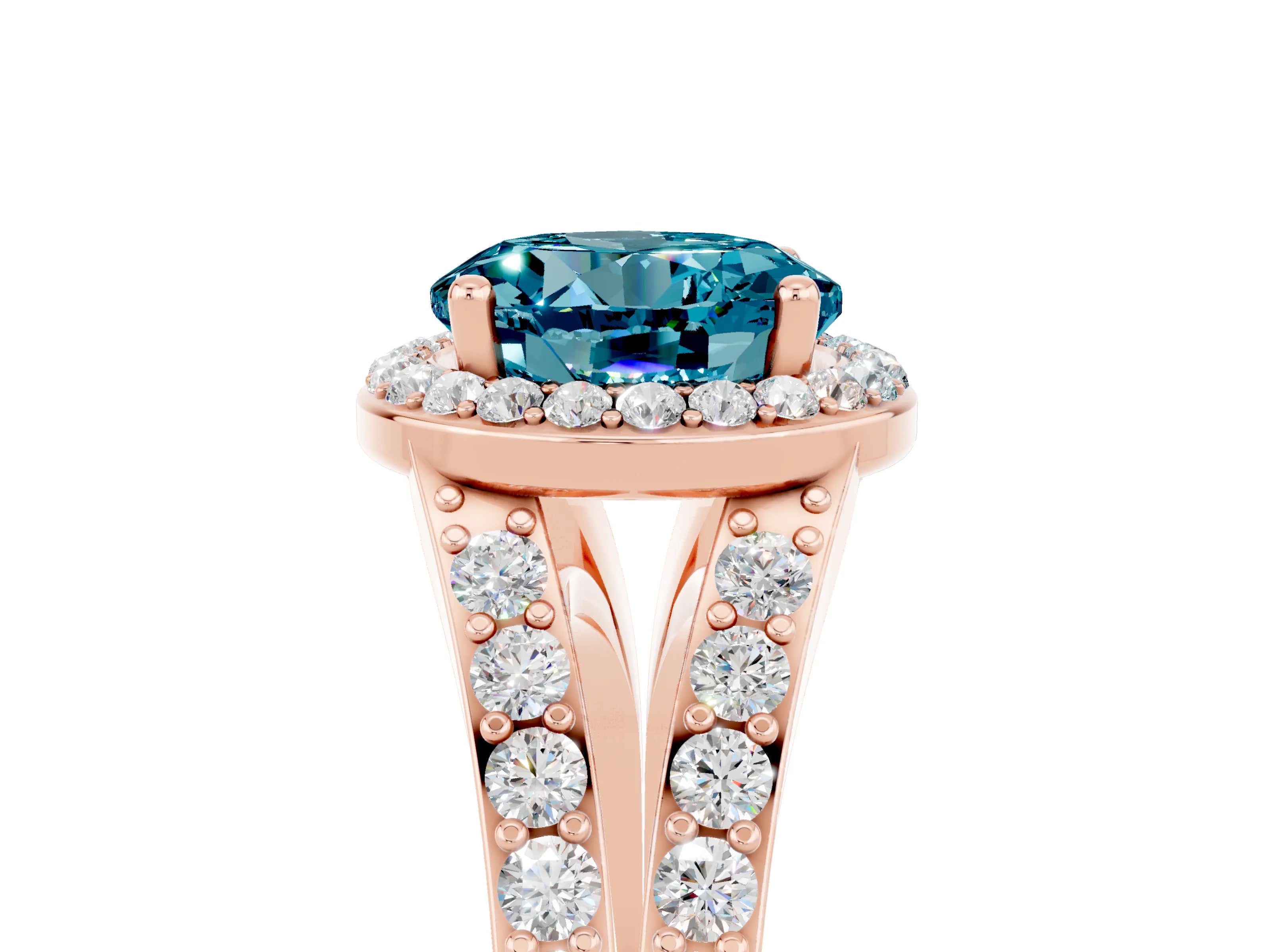 Rose gold Round Cut Blue Topaz Split Shank Halo Ring with Four-Prong Setting_17