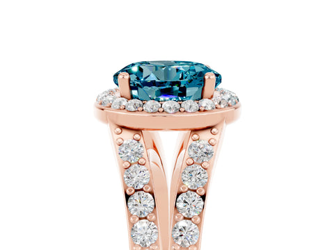 Rose gold Round Cut Blue Topaz Split Shank Halo Ring with Four-Prong Setting_17
