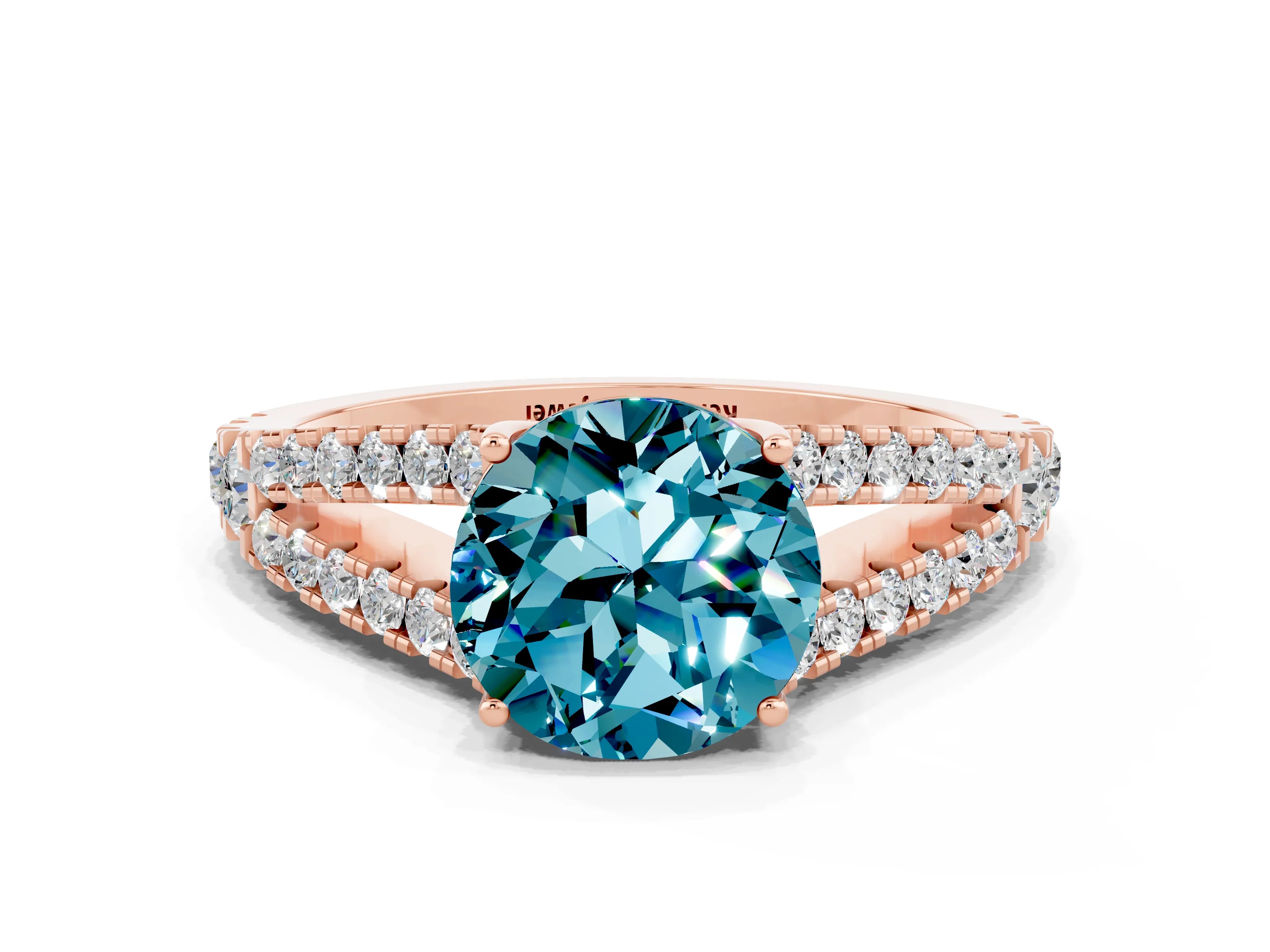 Rose gold Round Cut Blue Topaz Split Shank Pavé Engagement Ring with Four-Prong Setting_12