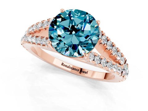 Rose gold Round Cut Blue Topaz Split Shank Pavé Engagement Ring with Four-Prong Setting_13