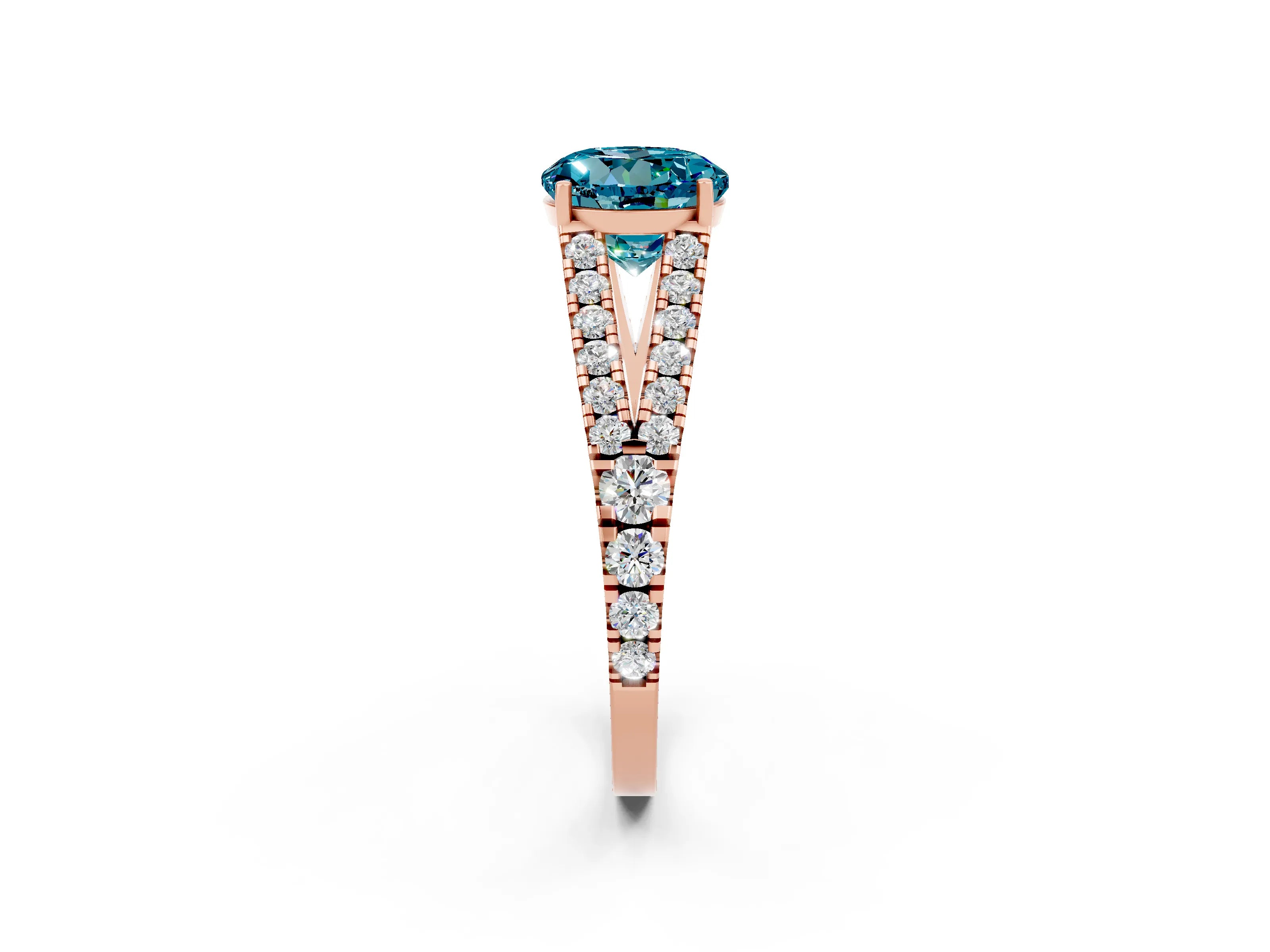 Rose gold Round Cut Blue Topaz Split Shank Pavé Engagement Ring with Four-Prong Setting_14