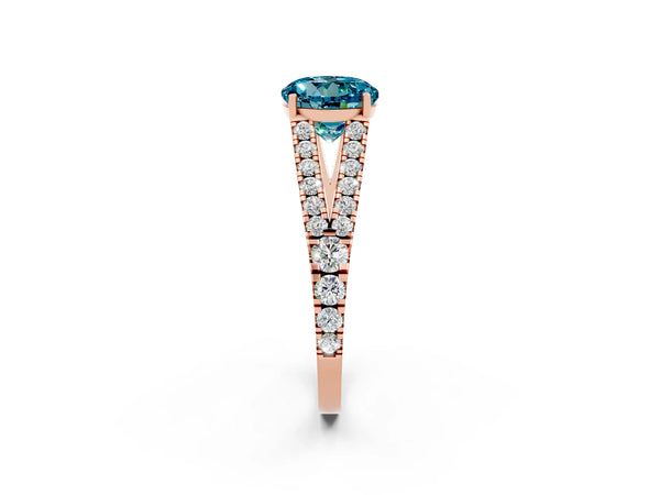Rose gold Round Cut Blue Topaz Split Shank Pavé Engagement Ring with Four-Prong Setting