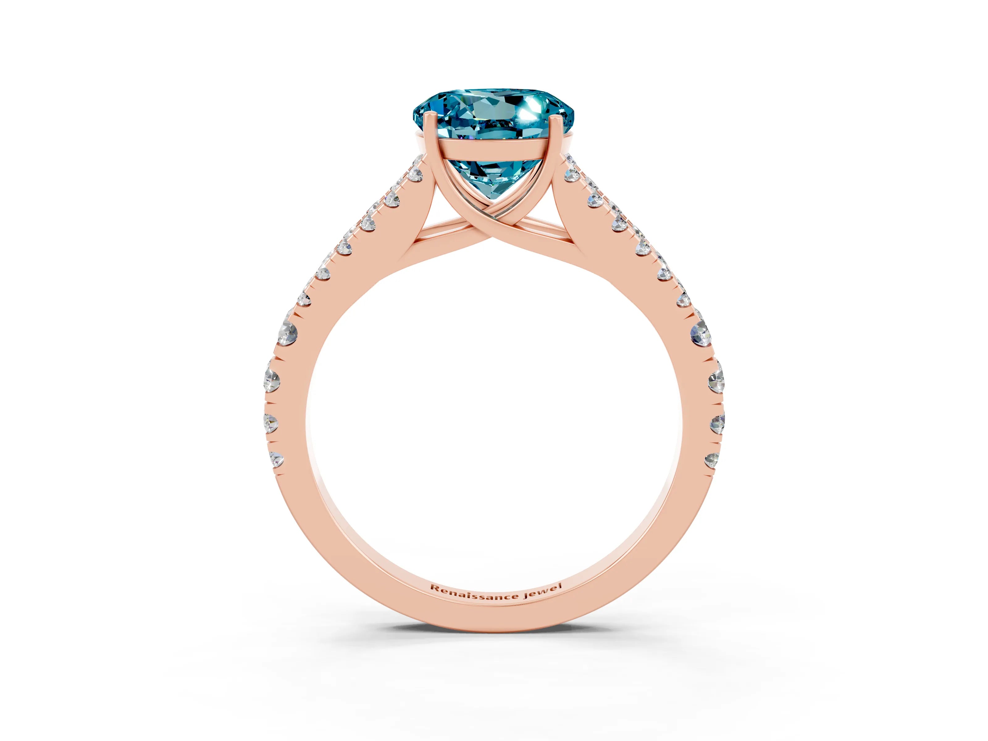 Rose gold Round Cut Blue Topaz Split Shank Pavé Engagement Ring with Four-Prong Setting_15