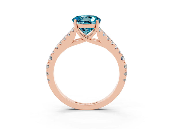 Rose gold Round Cut Blue Topaz Split Shank Pavé Engagement Ring with Four-Prong Setting