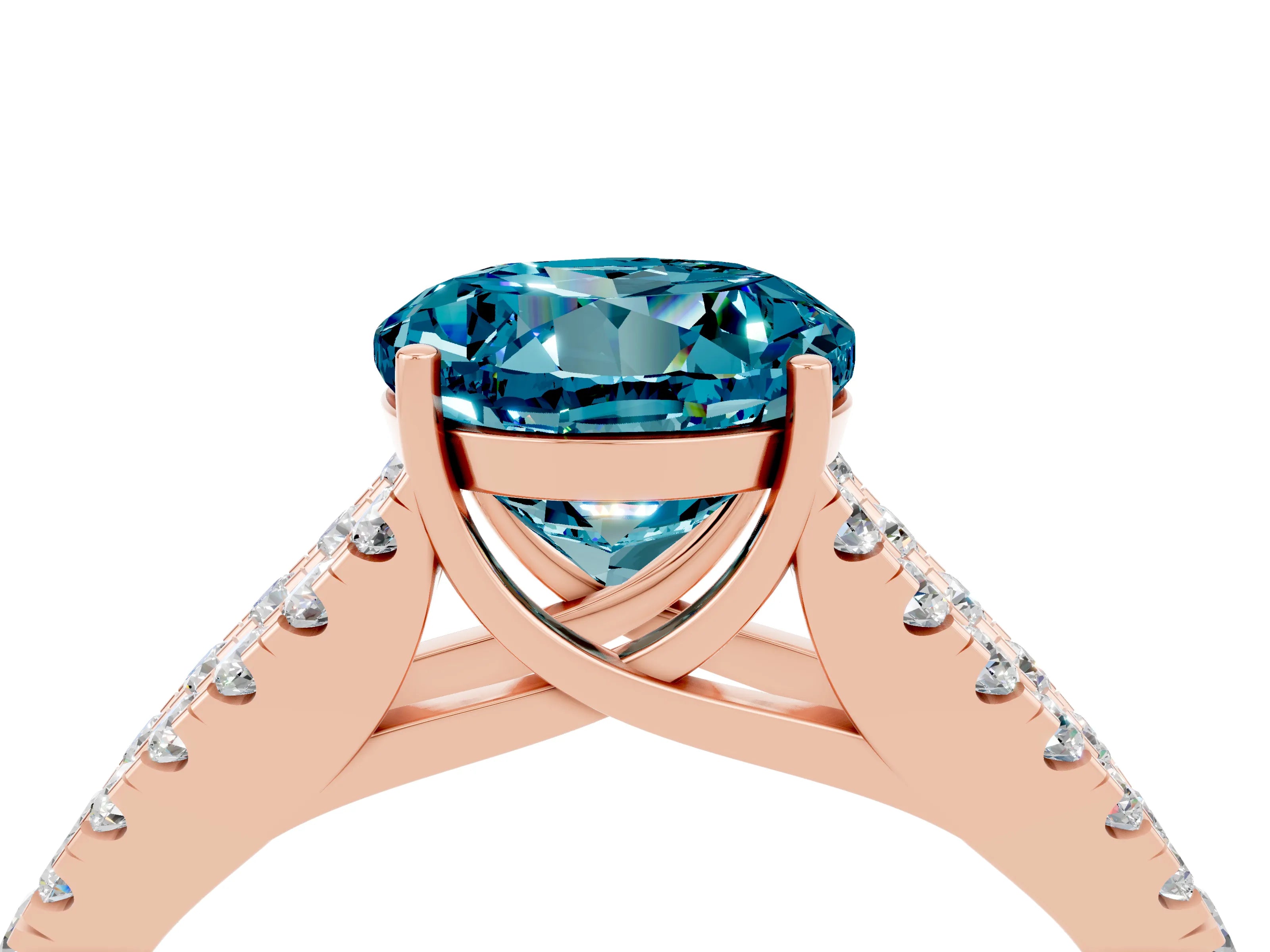 Rose gold Round Cut Blue Topaz Split Shank Pavé Engagement Ring with Four-Prong Setting_16