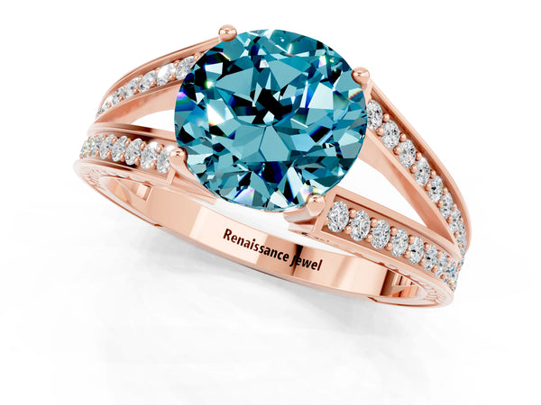 Rose gold Round Cut Blue Topaz Split Shank Ring with Pavé Band and Four-Prong Setting