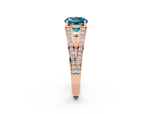 Rose gold Round Cut Blue Topaz Split Shank Ring with Pavé Band and Four-Prong Setting