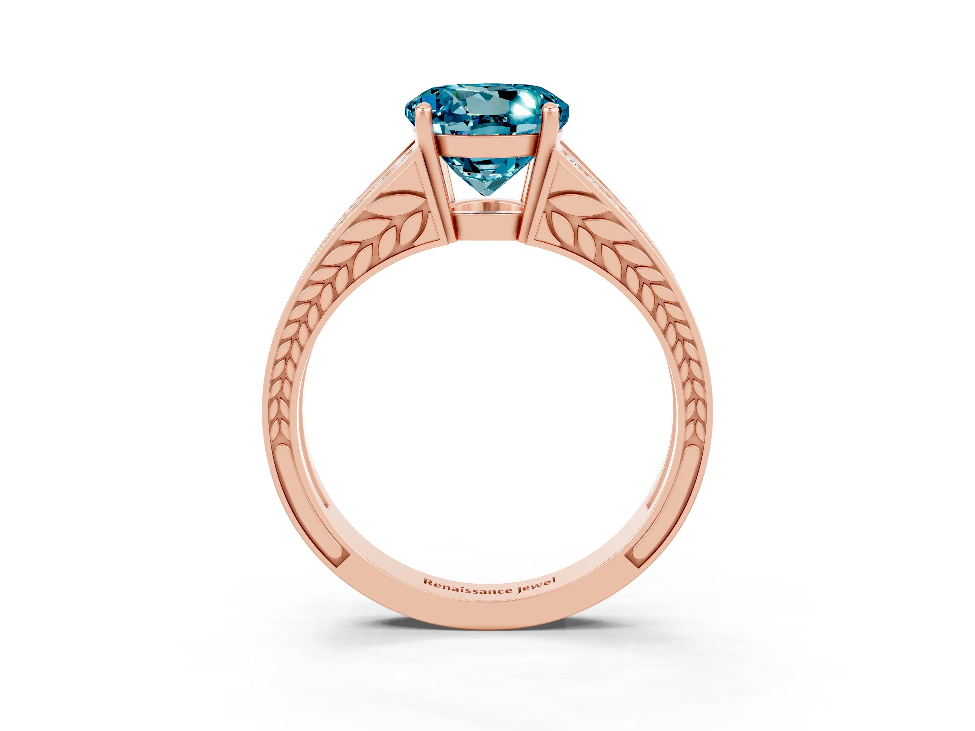 Rose gold Round Cut Blue Topaz Split Shank Ring with Pavé Band and Four-Prong Setting_3