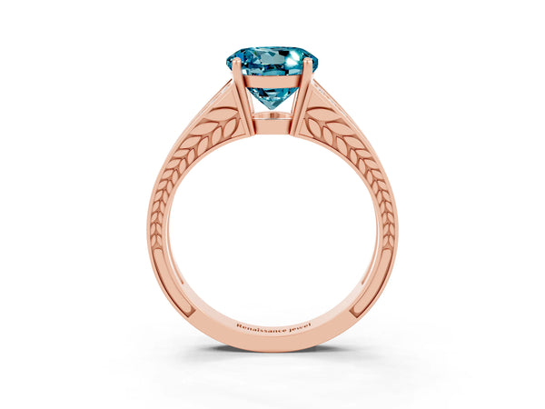 Rose gold Round Cut Blue Topaz Split Shank Ring with Pavé Band and Four-Prong Setting