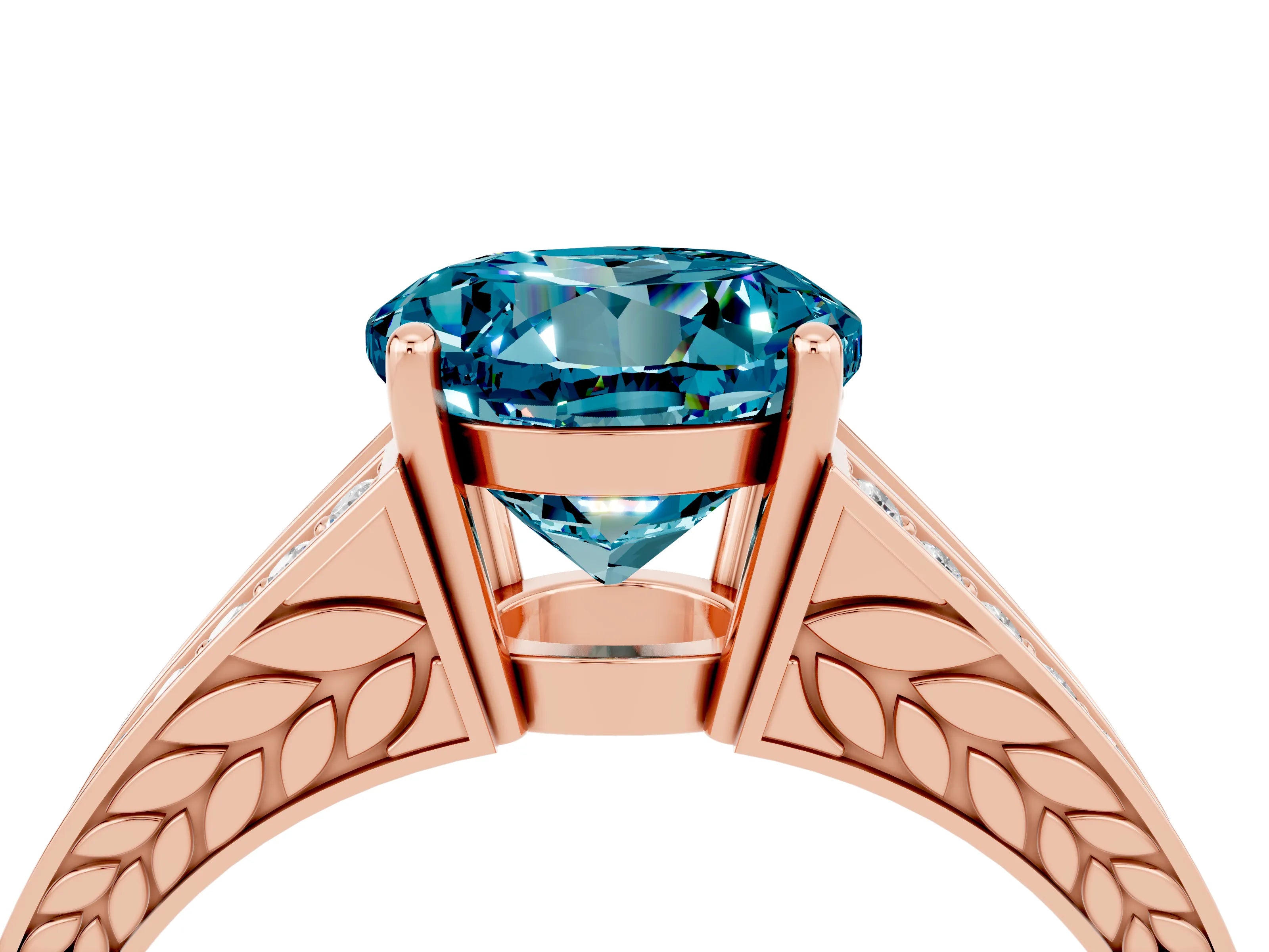 Rose gold Round Cut Blue Topaz Split Shank Ring with Pavé Band and Four-Prong Setting_4