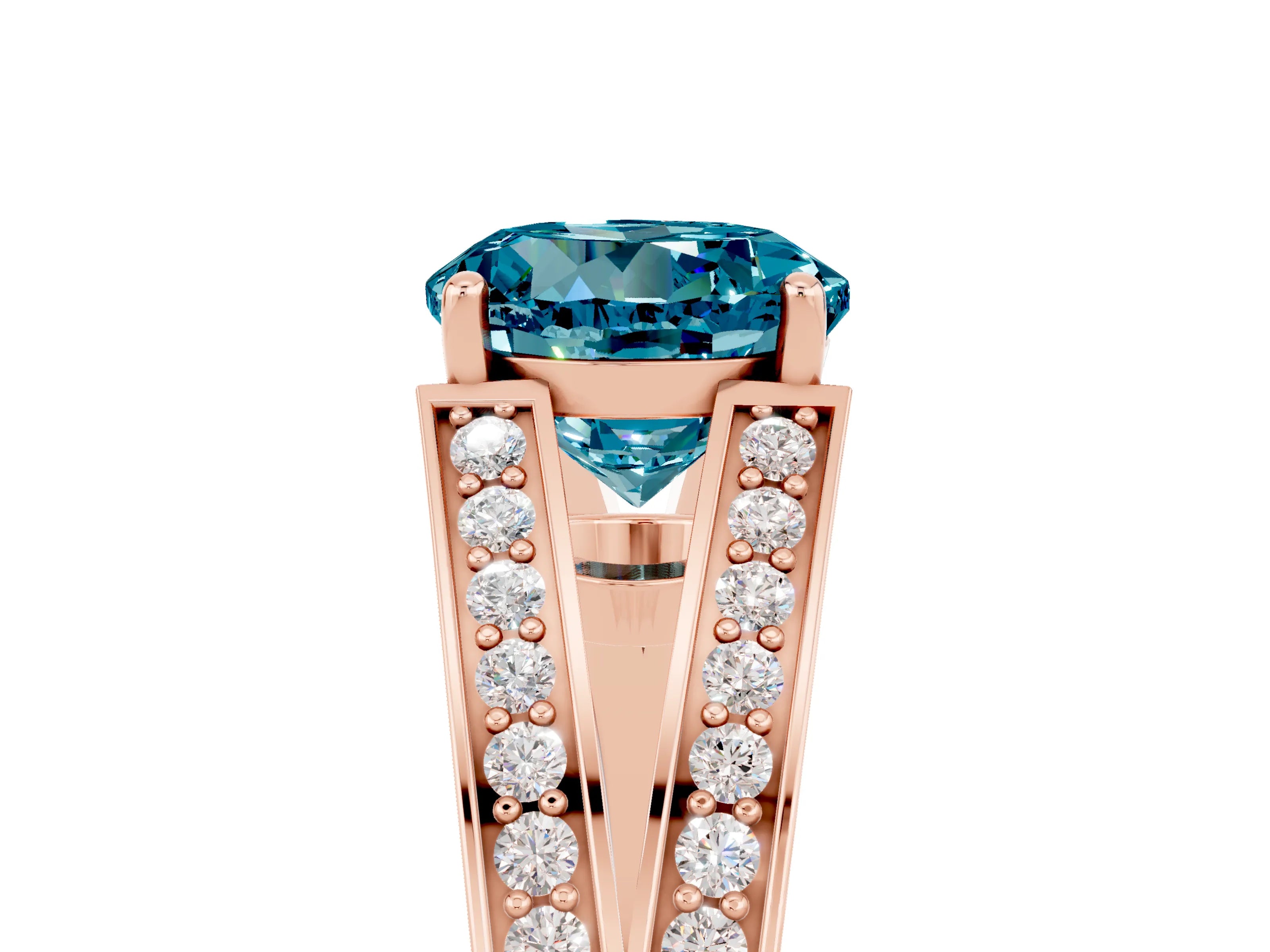 Rose gold Round Cut Blue Topaz Split Shank Ring with Pavé Band and Four-Prong Setting_5