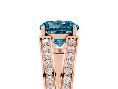 Rose gold Round Cut Blue Topaz Split Shank Ring with Pavé Band and Four-Prong Setting_5