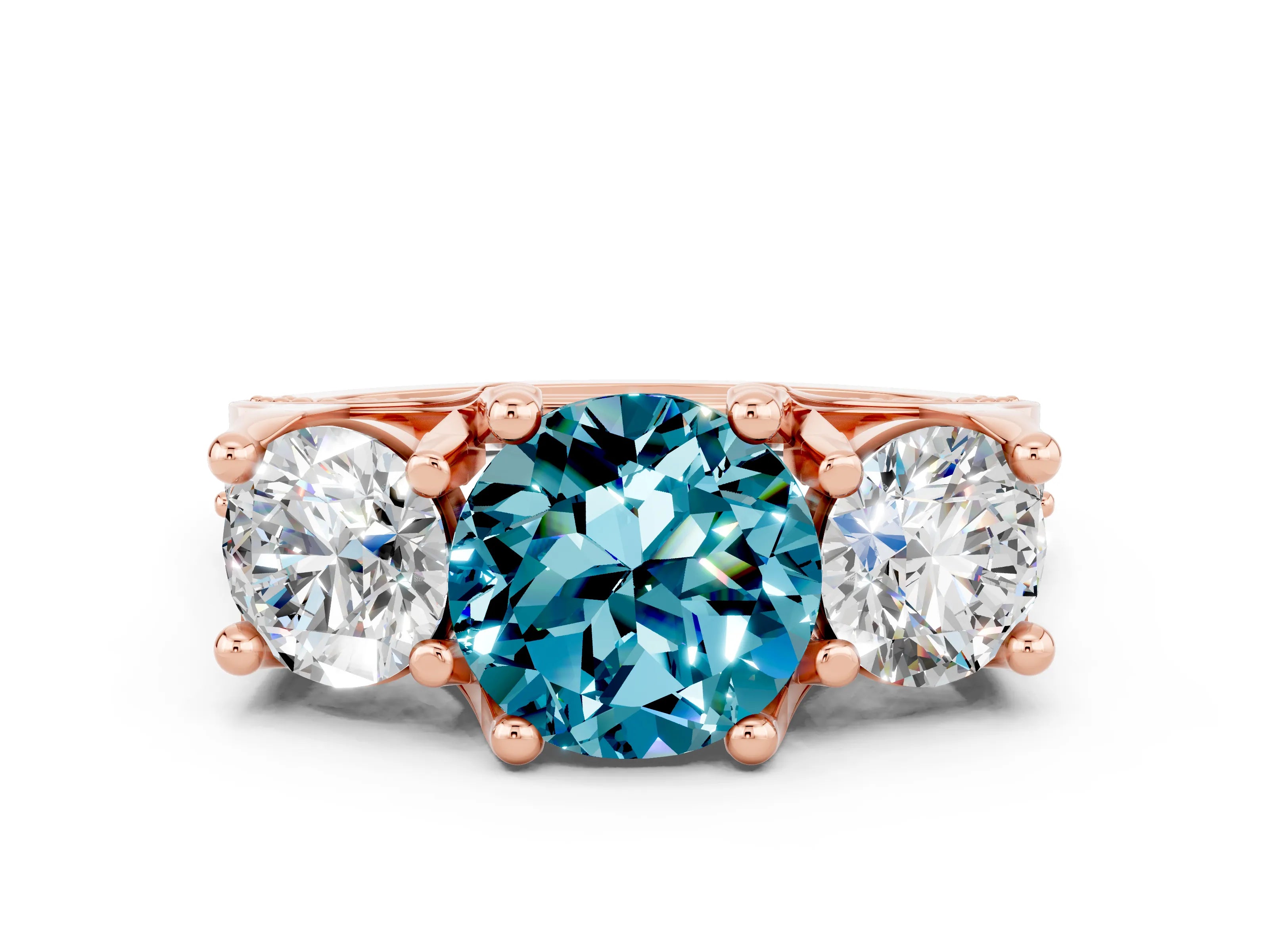 Rose gold Round Cut Blue Topaz Three-Stone Ring with Channel Set Band and Four-Prong Setting