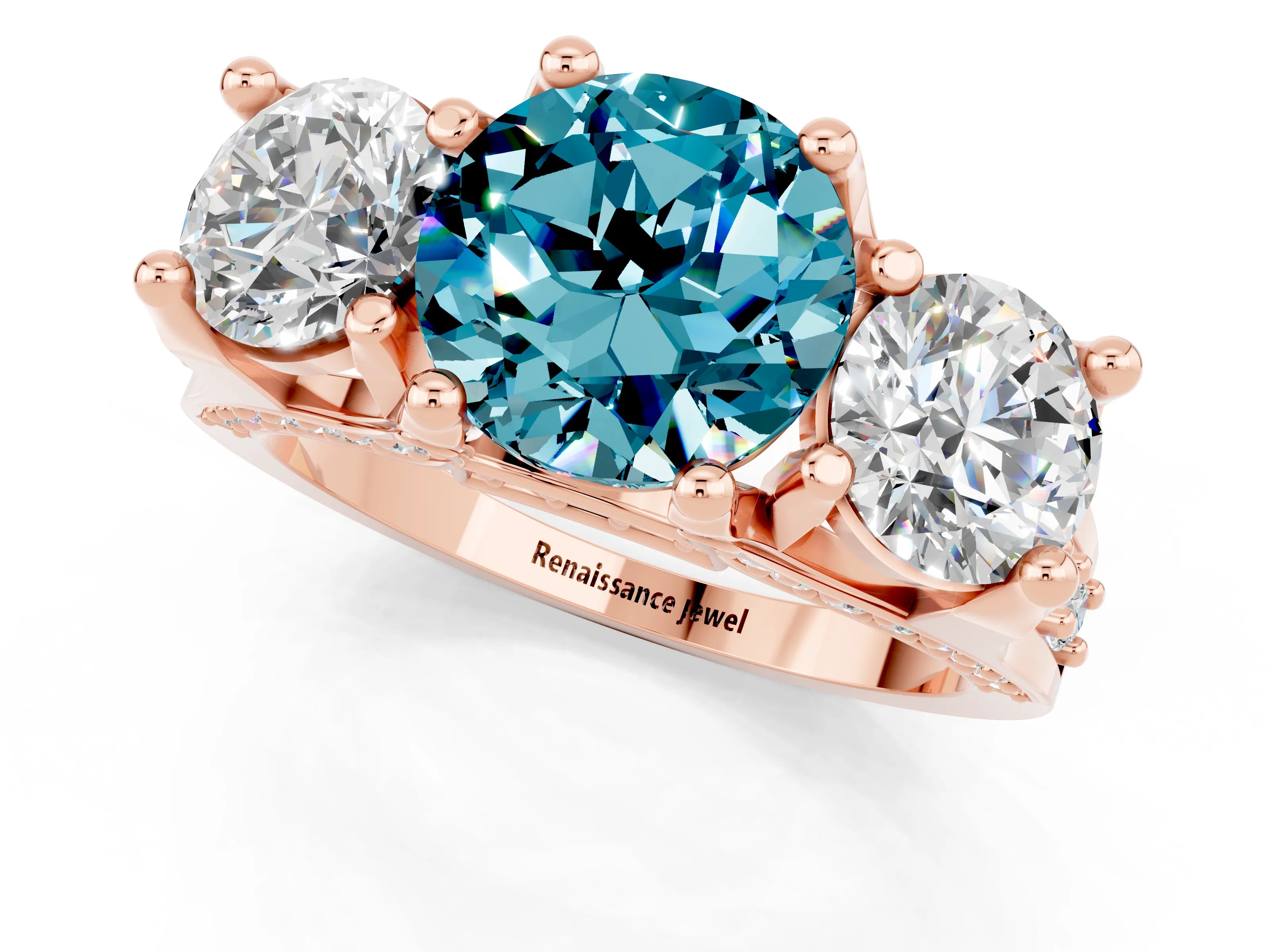 Rose gold Round Cut Blue Topaz Three-Stone Ring with Channel Set Band and Four-Prong Setting_1