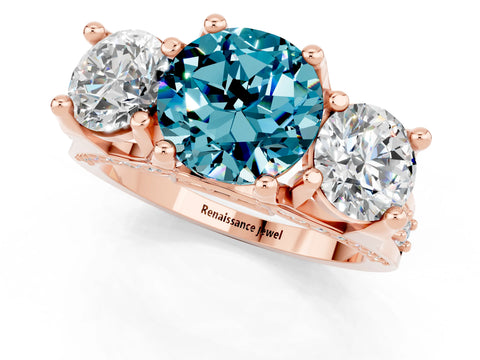 Rose gold Round Cut Blue Topaz Three-Stone Ring with Channel Set Band and Four-Prong Setting_1