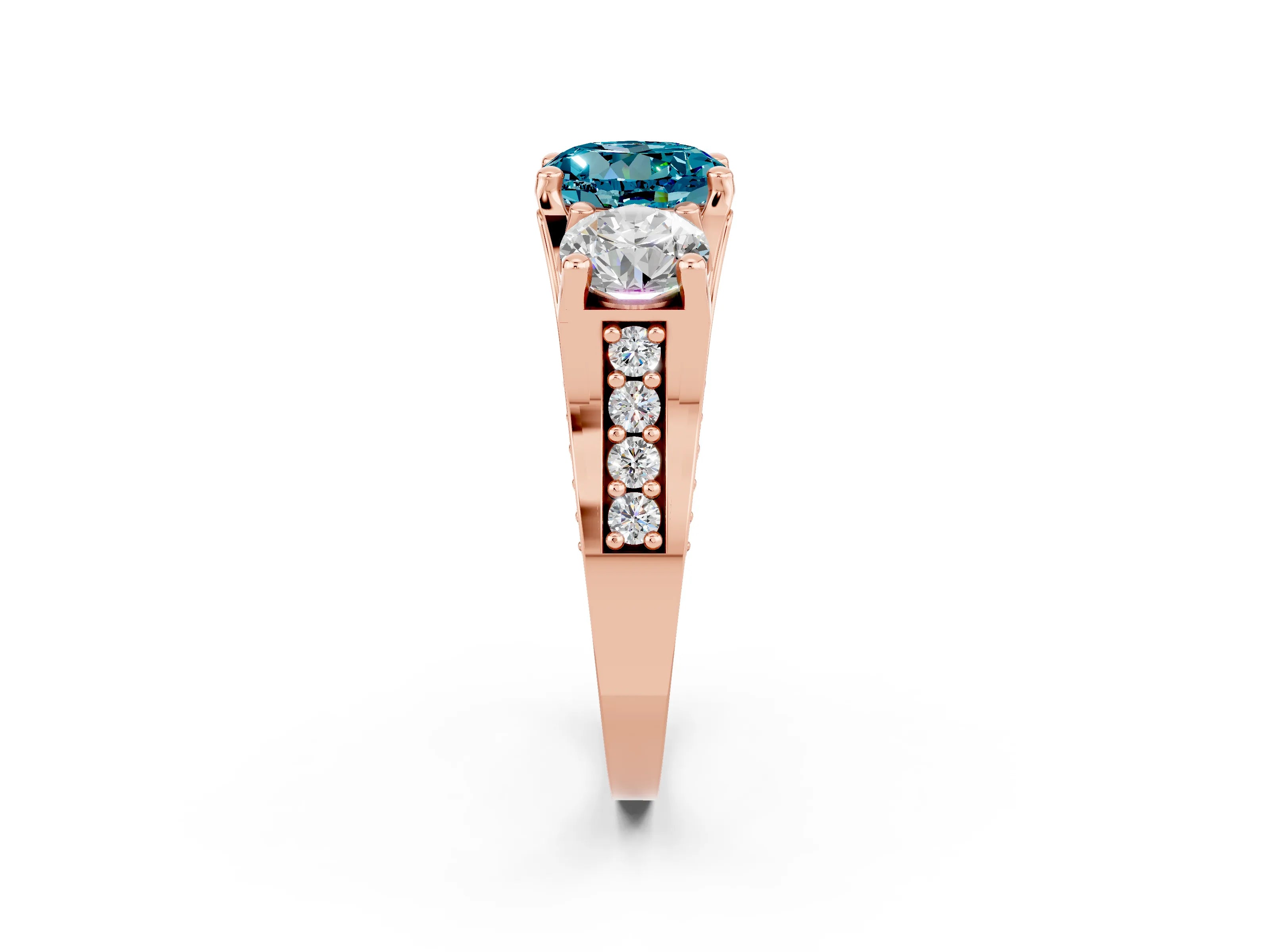 Rose gold Round Cut Blue Topaz Three-Stone Ring with Channel Set Band and Four-Prong Setting_2