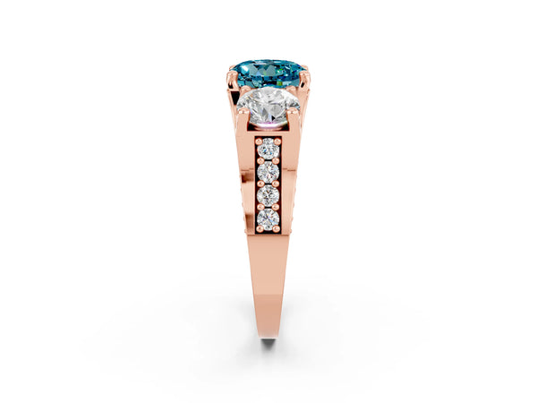Rose gold Round Cut Blue Topaz Three-Stone Ring with Channel Set Band and Four-Prong Setting