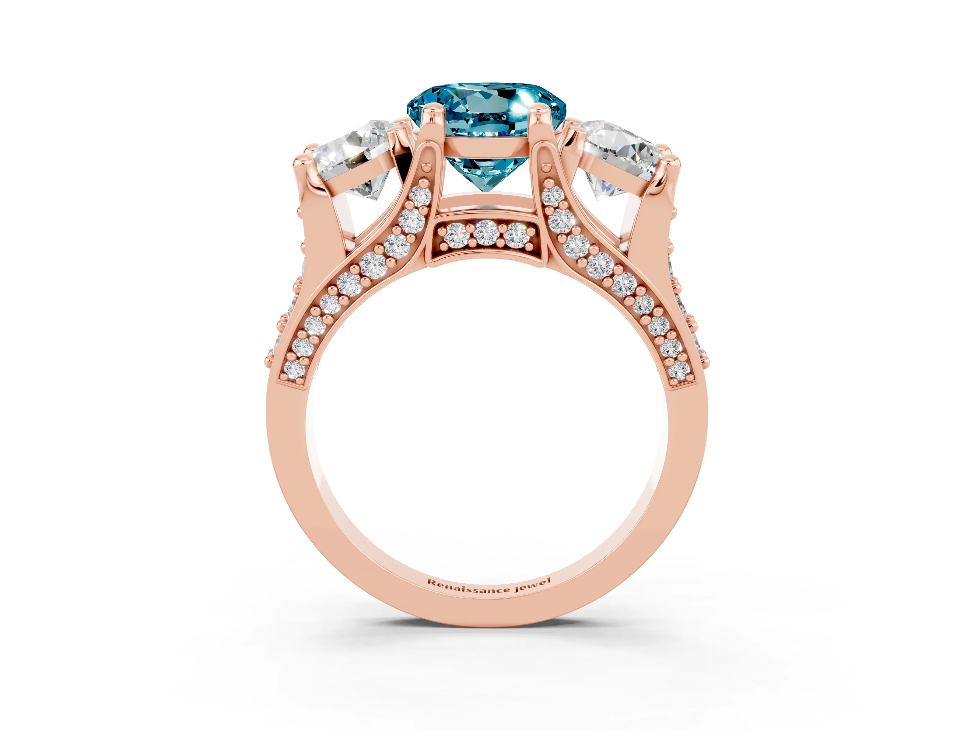 Rose gold Round Cut Blue Topaz Three-Stone Ring with Channel Set Band and Four-Prong Setting_3