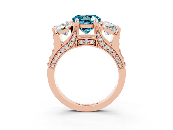 Rose gold Round Cut Blue Topaz Three-Stone Ring with Channel Set Band and Four-Prong Setting