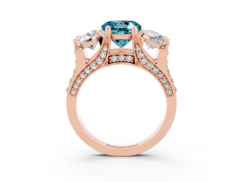 Rose gold Round Cut Blue Topaz Three-Stone Ring with Channel Set Band and Four-Prong Setting_3