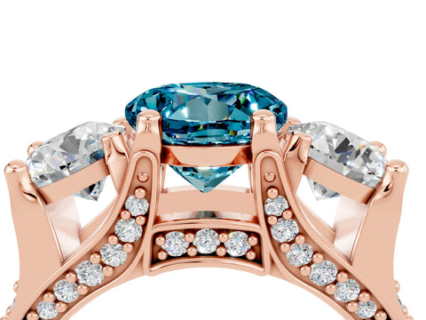 Rose gold Round Cut Blue Topaz Three-Stone Ring with Channel Set Band and Four-Prong Setting_4