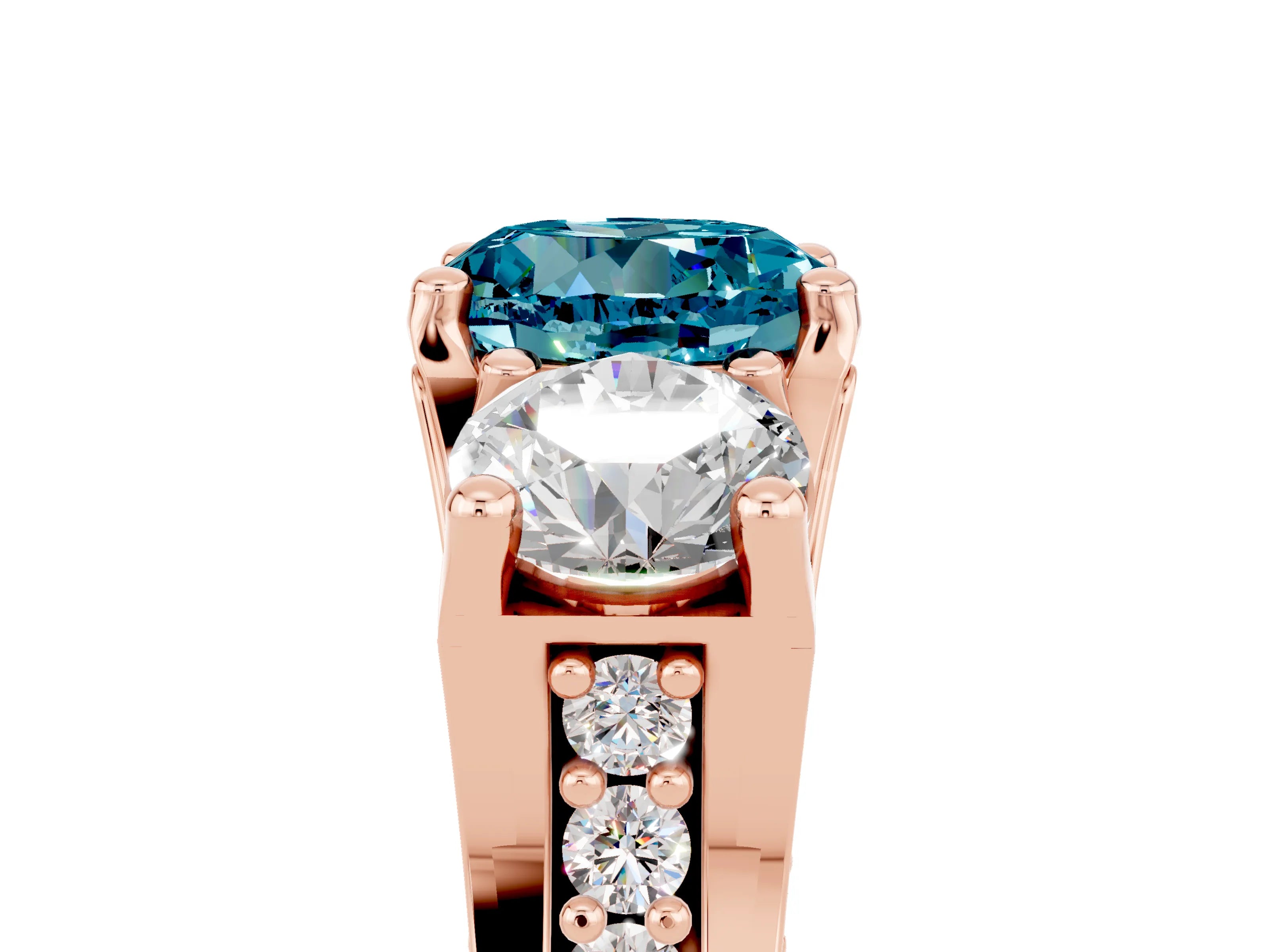 Rose gold Round Cut Blue Topaz Three-Stone Ring with Channel Set Band and Four-Prong Setting_5