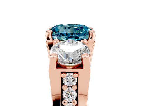 Rose gold Round Cut Blue Topaz Three-Stone Ring with Channel Set Band and Four-Prong Setting_5