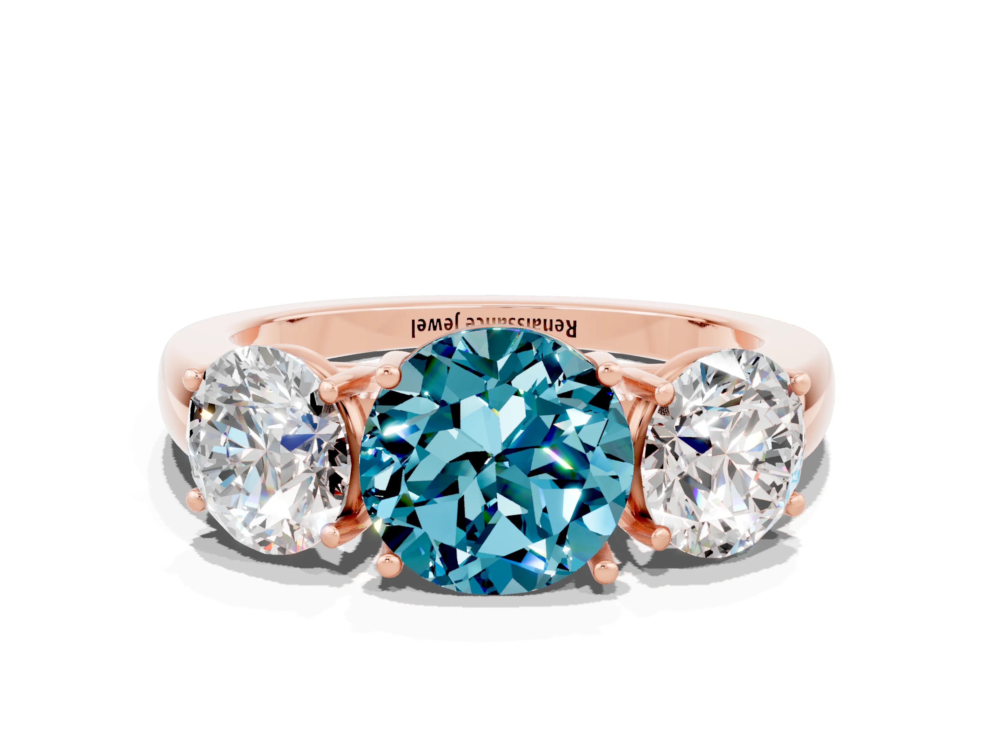 Rose gold Round Cut Blue Topaz Three-Stone Ring with Four-Prong Setting and Classic Band
