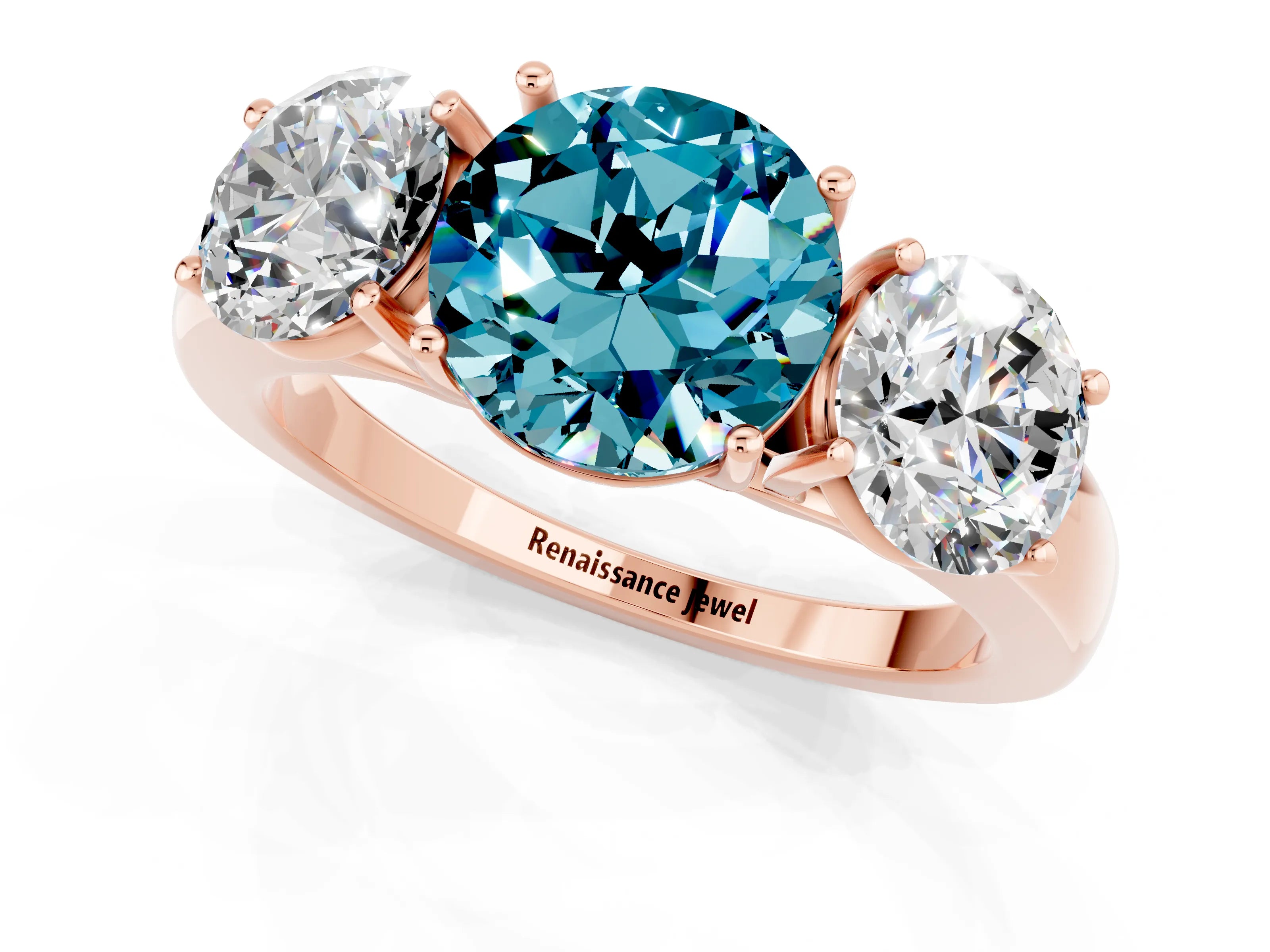 Rose gold Round Cut Blue Topaz Three-Stone Ring with Four-Prong Setting and Classic Band_1
