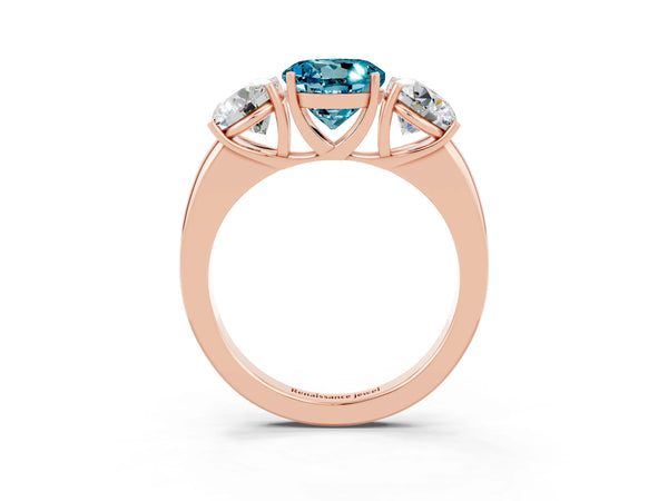 Rose gold Round Cut Blue Topaz Three-Stone Ring with Four-Prong Setting and Classic Band