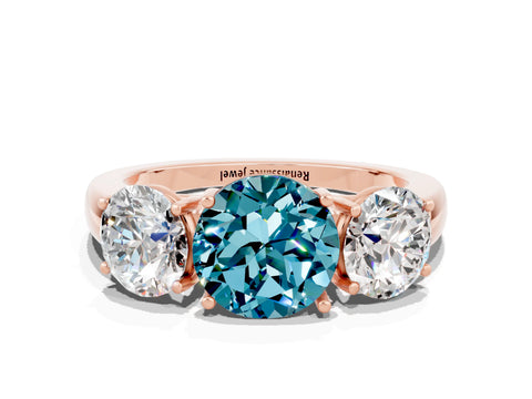 Rose gold Round Cut Blue Topaz Three-Stone Ring with Four-Prong Setting and Classic Band