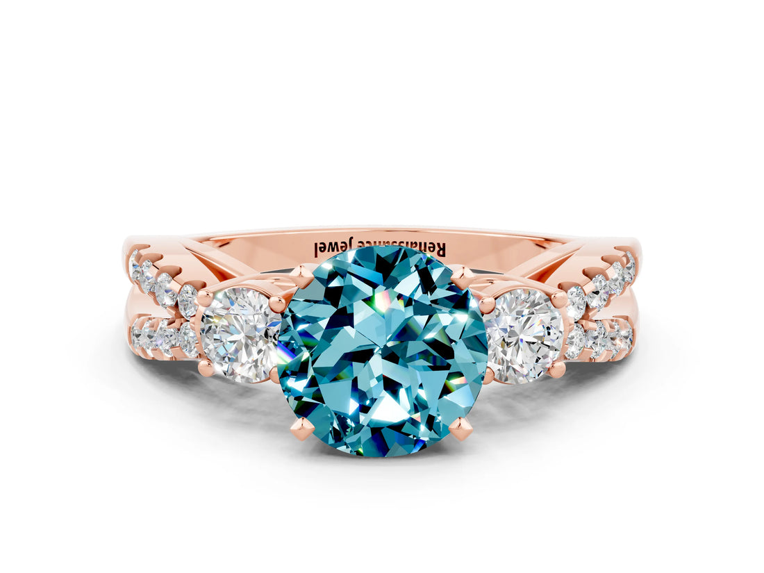 Rose gold Round Cut Blue Topaz Three-Stone Ring with Pavé Split Shank and Four-Prong Setting