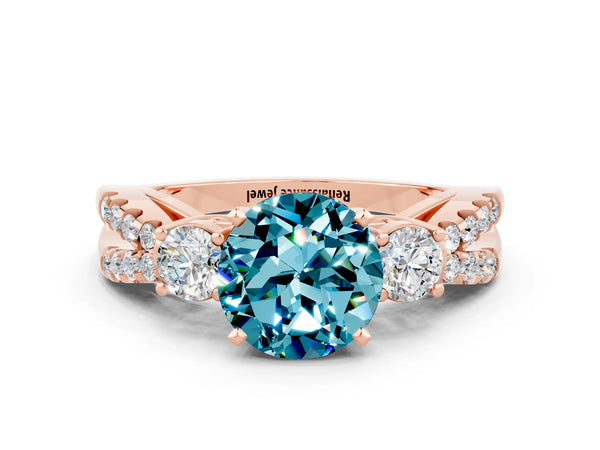 Rose gold Round Cut Blue Topaz Three-Stone Ring with Pavé Split Shank and Four-Prong Setting