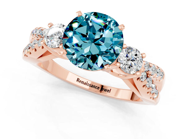 Rose gold Round Cut Blue Topaz Three-Stone Ring with Pavé Split Shank and Four-Prong Setting