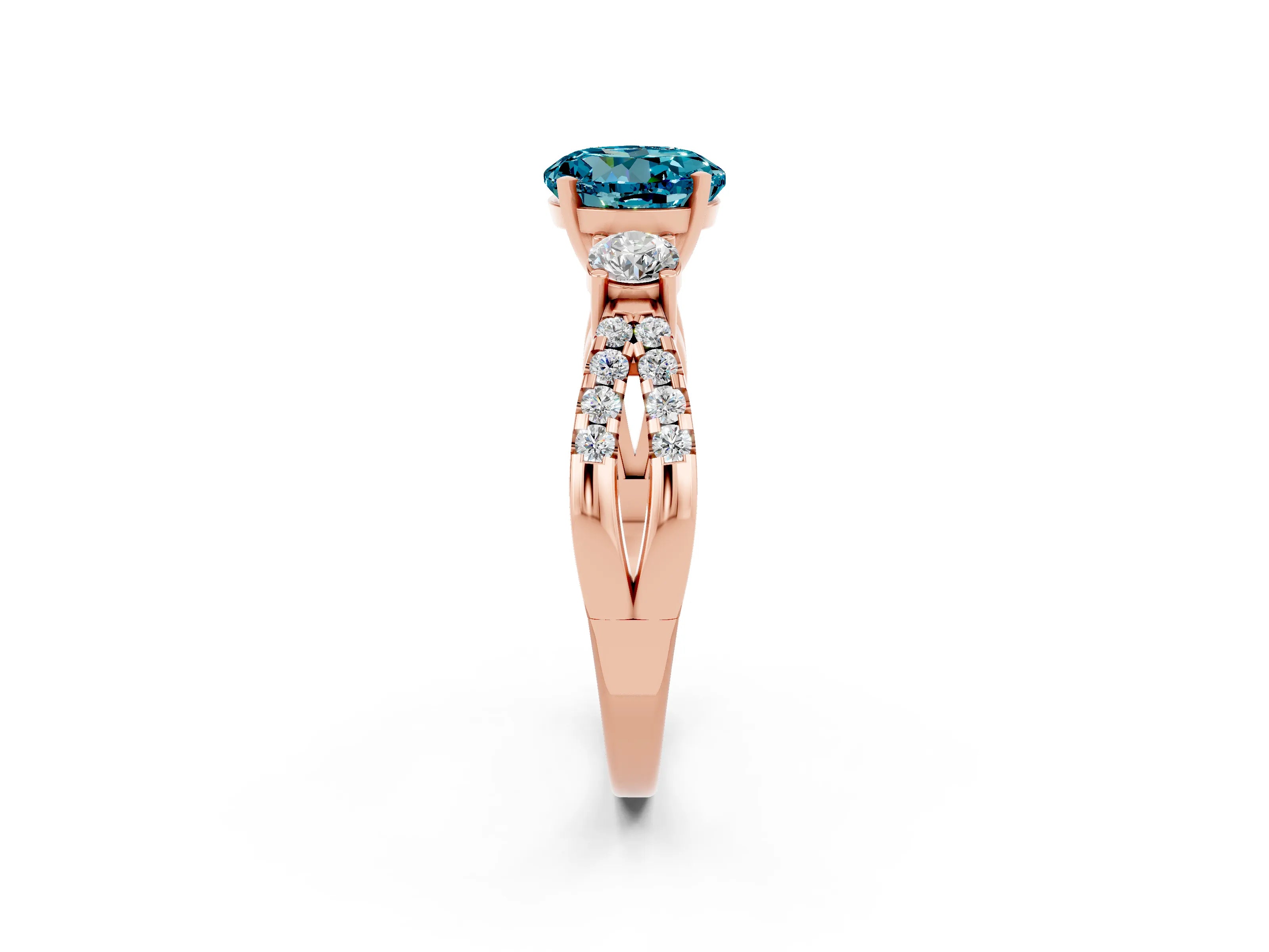 Rose gold Round Cut Blue Topaz Three-Stone Ring with Pavé Split Shank and Four-Prong Setting_2