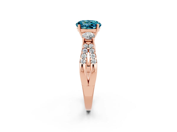 Rose gold Round Cut Blue Topaz Three-Stone Ring with Pavé Split Shank and Four-Prong Setting