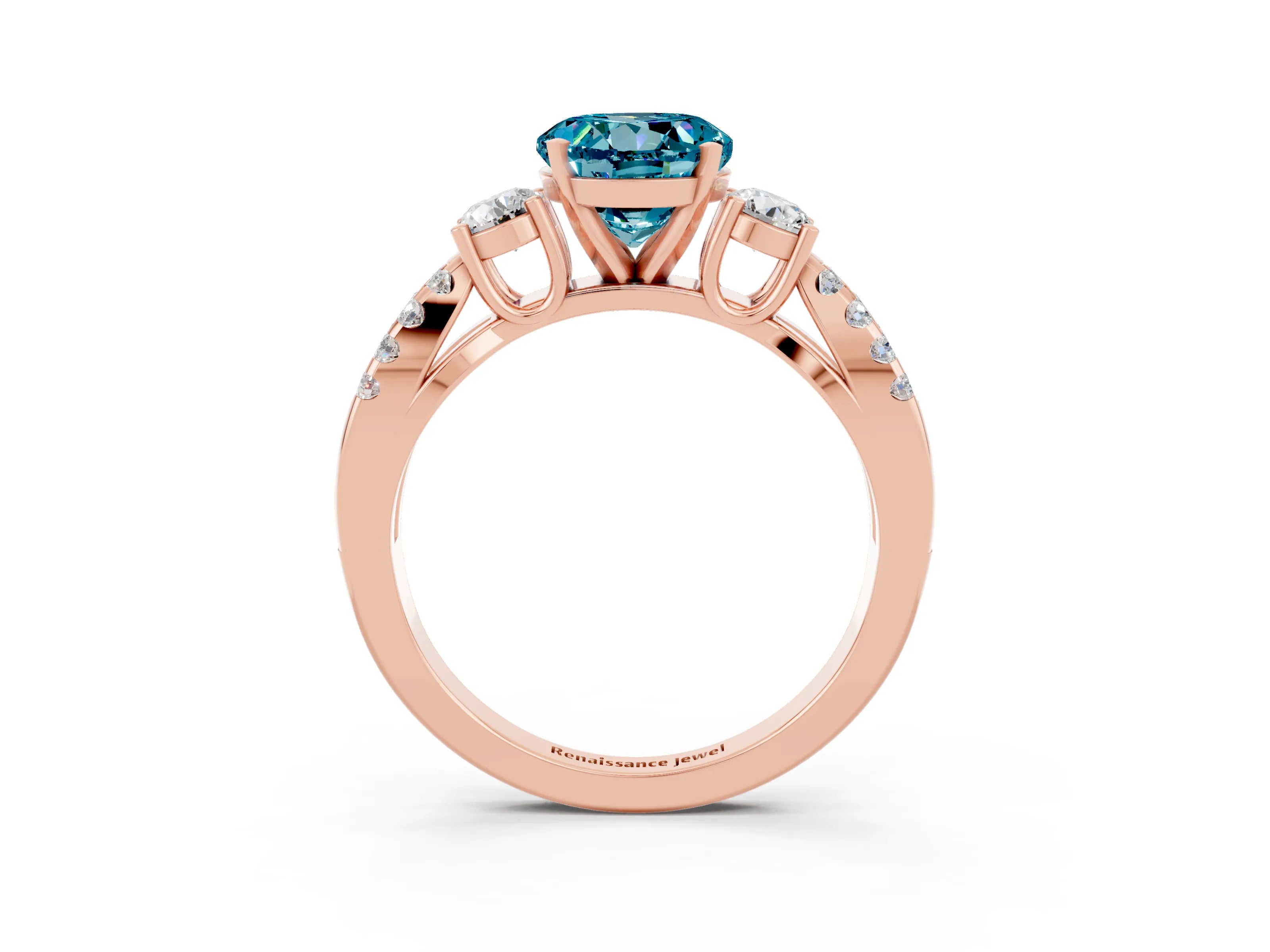 Rose gold Round Cut Blue Topaz Three-Stone Ring with Pavé Split Shank and Four-Prong Setting_3
