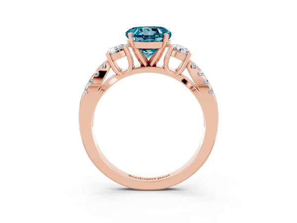 Rose gold Round Cut Blue Topaz Three-Stone Ring with Pavé Split Shank and Four-Prong Setting